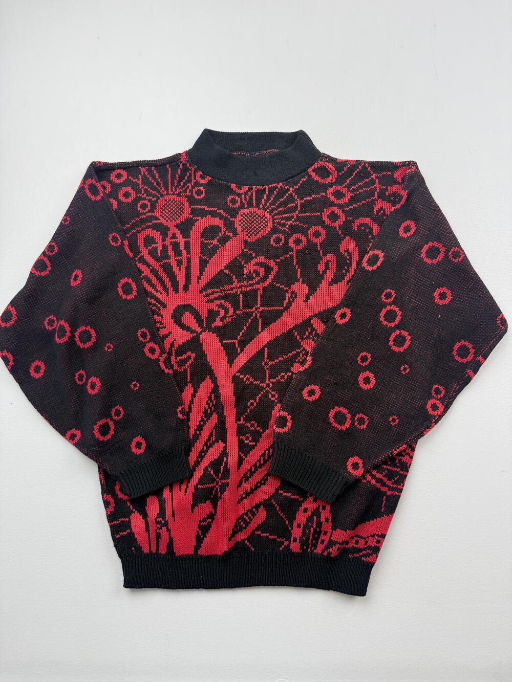 Vintage Hot Cashews Sweater Womens Red Mock Neck Floral Art Graphic USA Read